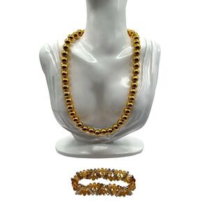Gold Tone Ball Necklace & Citrine Glass Crystal Bracelet Set N46
